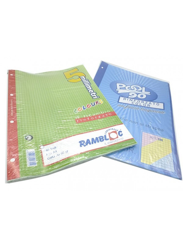 RICAMBI A4 Colorati 5mm Rinforzo Quadretti 40 Fogli 21x30 cm Rosa Verde  Azzurro