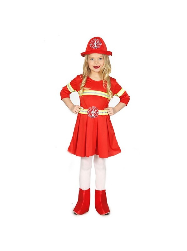 Costume Vigilessa Del Fuoco Tg. 5-12 Anni Vestito Carnevale Bambina Pompiere