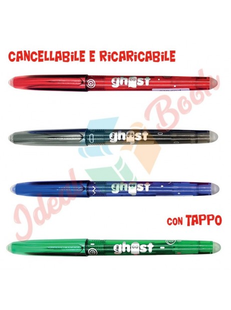 Penna Ghost Cancellabile Ricaricabile con Tappo Nero Rosso Blu Verde scuola