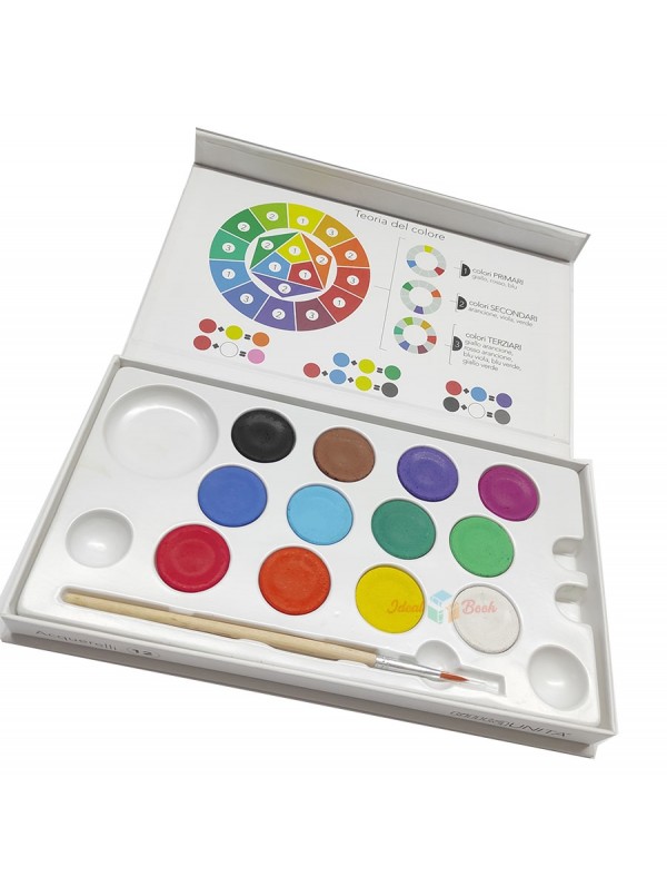 Acquerelli da 12 colori in scatola con chiusura magnetica e Pennello Tinta  Unita
