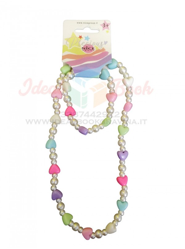 Bracciale per bambina perle bianche con cuoricini colorati e perlina  multicolor