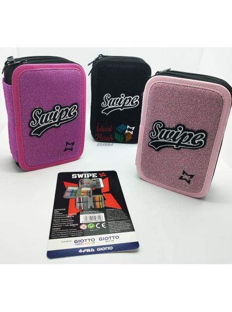 Astuccio 3 zip Swipe 2023 Glitter, fucsia, rosa o nero completo colori  Giotto